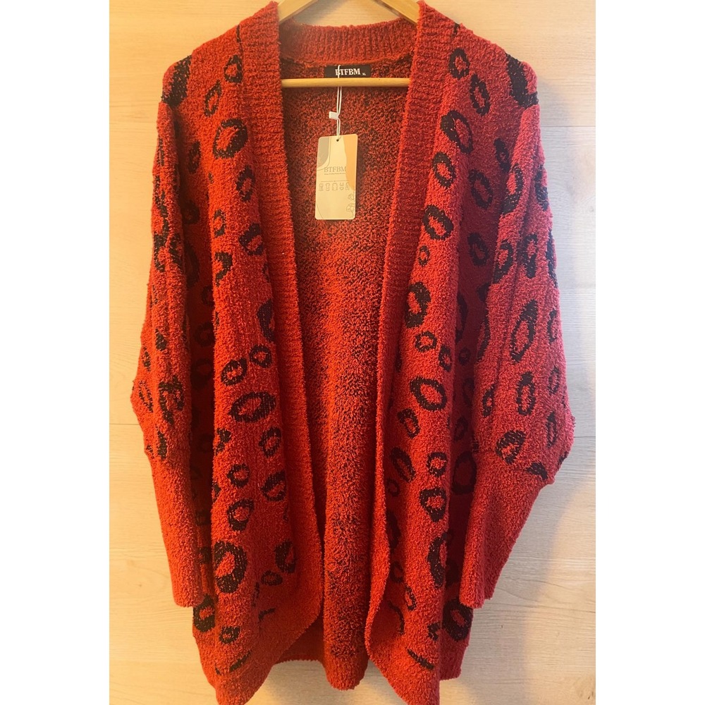 BTFBM Leopard Print Open Front Red Black Chenille Duster Cardigan Woman XL NWT